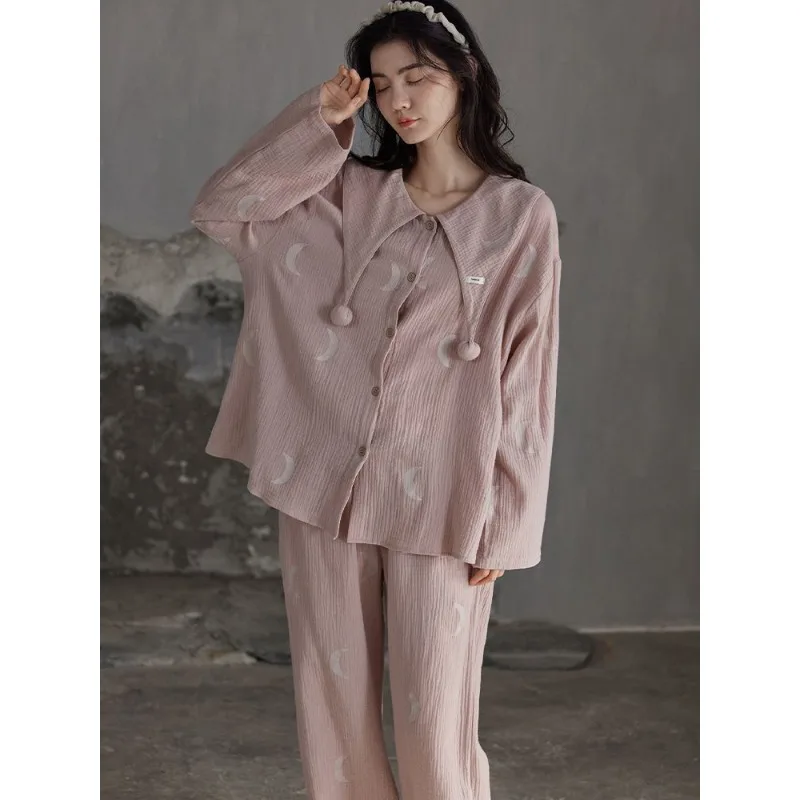 2023 New Pajamas Women's Spring Autumn Woven Cotton Loungewear Long Sleeve Skin-friendly Sleepwear Set Loose Large Size Homewear