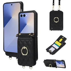 Luxury Crossbody Leather Wallet Phone Case with Ring Holder and Card Slot - Enhanced Protection Cover with Lanyard - Galaxy Z Flip5 (Black)