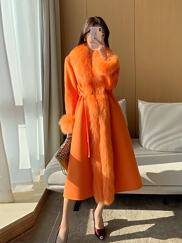 

2023 европейские Длинные настоящие кашемировые шерстяные меховые пальто от известного бренда, натуральная лисица, женская одежда
