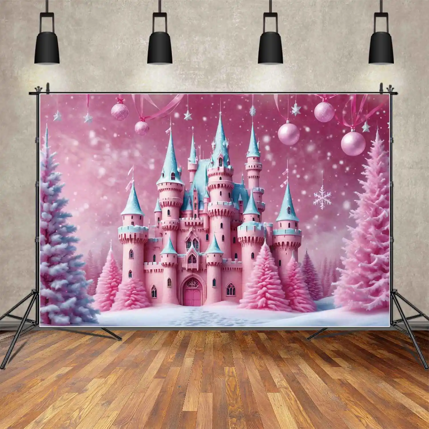 Moon.Qg Sfondo Christmas Pink Party Decor Sfondo 2024 Novità Castle Tree Snowflake Ball Home Studio Photography Puntelli