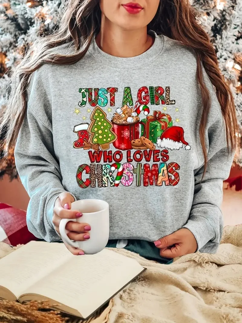 Christmas Graphic Letter Print Pullover, Cute Long Sleeve Crew Neck Sweatshirt, Women's Clothing