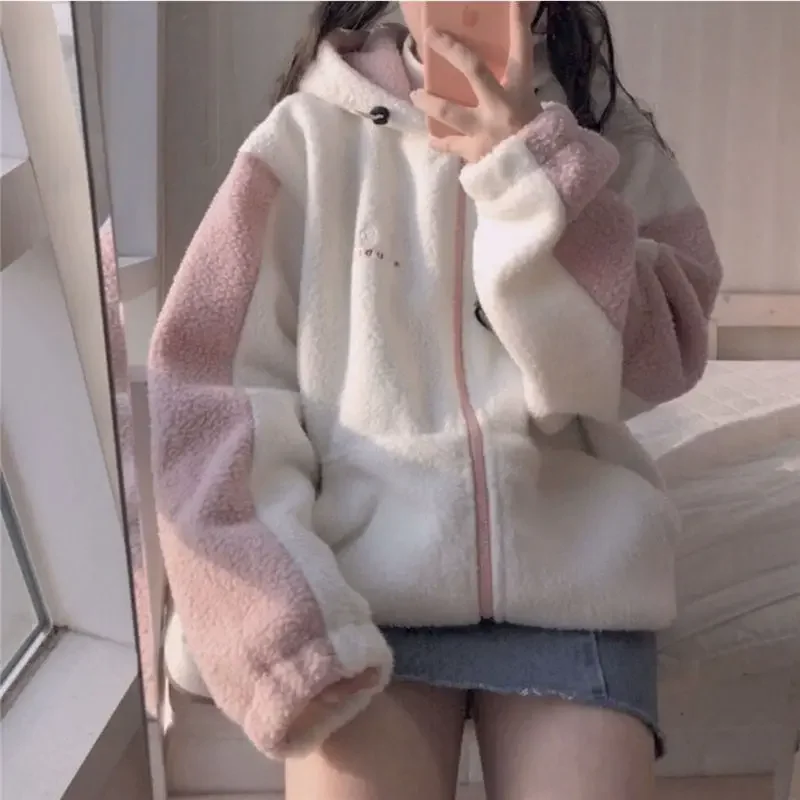 2023 Fall Winter Korean Preppy Style Women Coat Embroidery Imitation Lambswool Female Jacket Kawaii Sweet Japanese Girl Y2k Tops