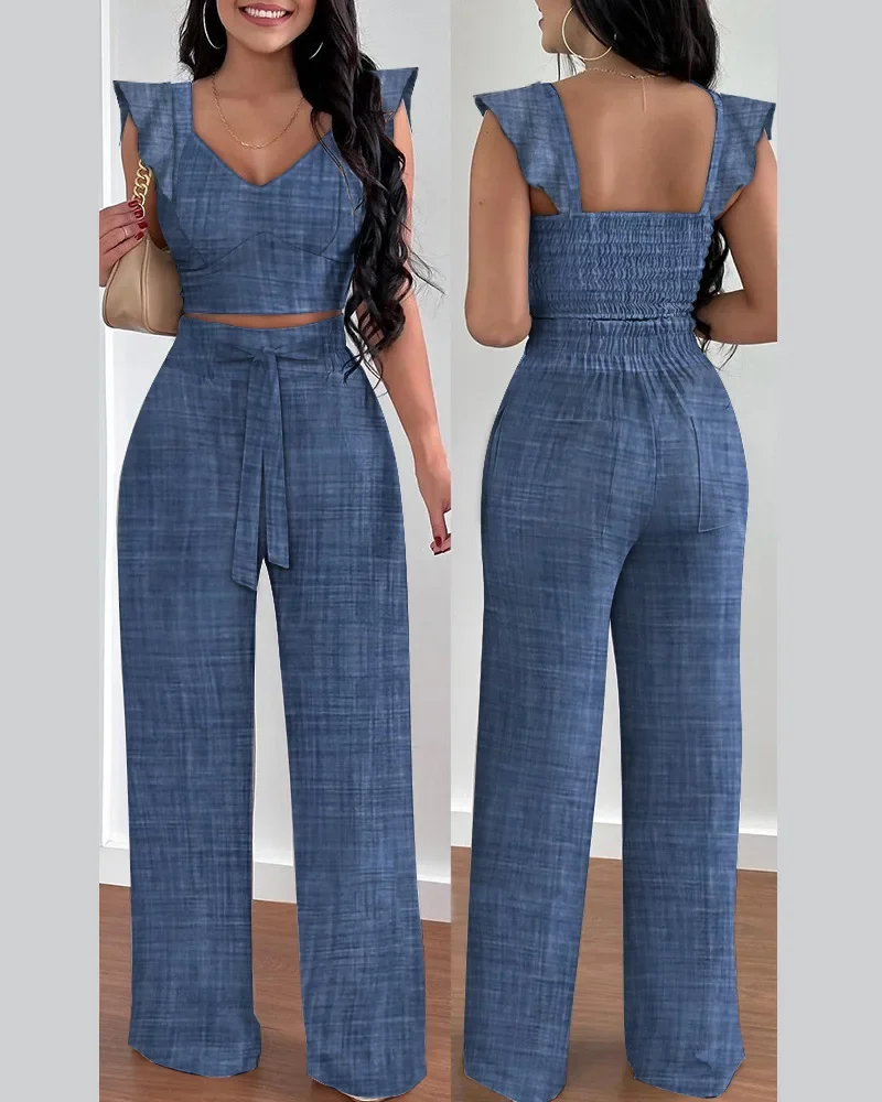 2 Piece Long Sleeve CROP Top w/ Ruffle Sleeves + Long Pants (INSTORE) 121825AS main image 0