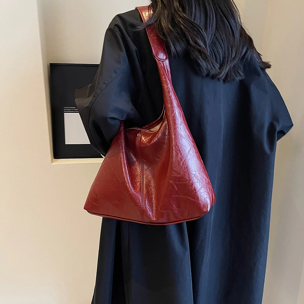 Vintage Wine Red Shoulder Bag Women Fashion Soft PU Leather Underarm Tote Bag Female Commuter Hobo Bag Ladies Handbag And Purse