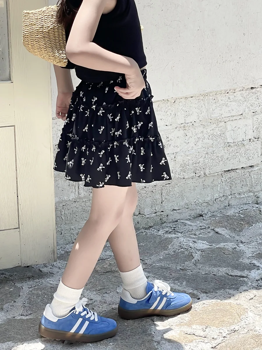 여름 프릴 가장자리 어린이 공주 스커트, 한국 활 매듭 쉬폰 조각 꽃 케이크, 2024 간단한 인쇄