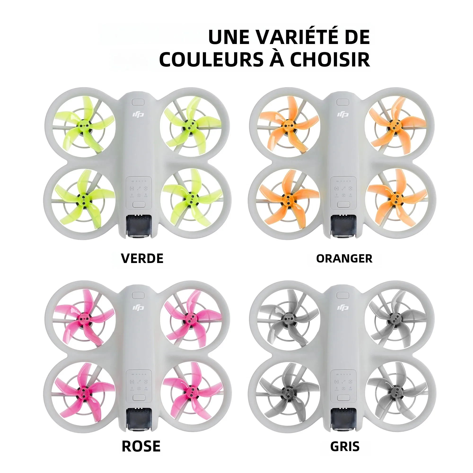 Lot de 4 hélices DJI pour drone Mini/Pro, montrant la fixation et le design aérodynamique