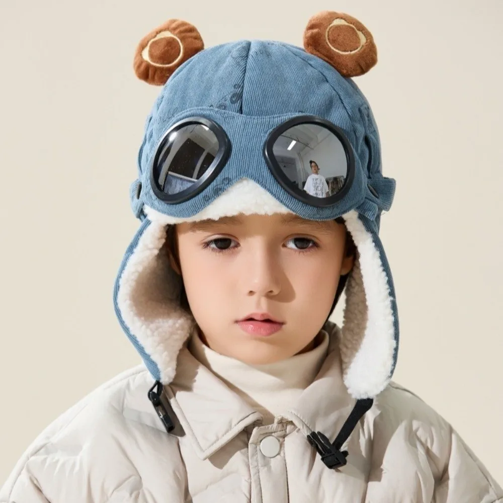 Winter Kids Pilot Hat with Ear Protection and Glasses