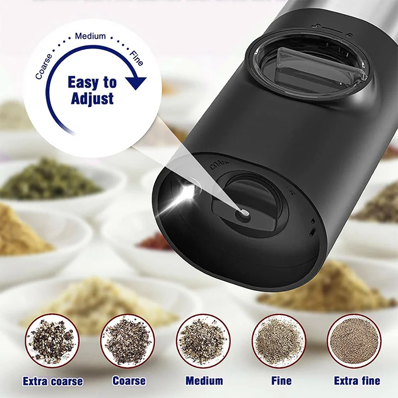 Electric Pepper and Salt Grinder Set Adjustable Coarseness Battery Powered Salt Pepper Mills with LED Light ,One Hand Operation