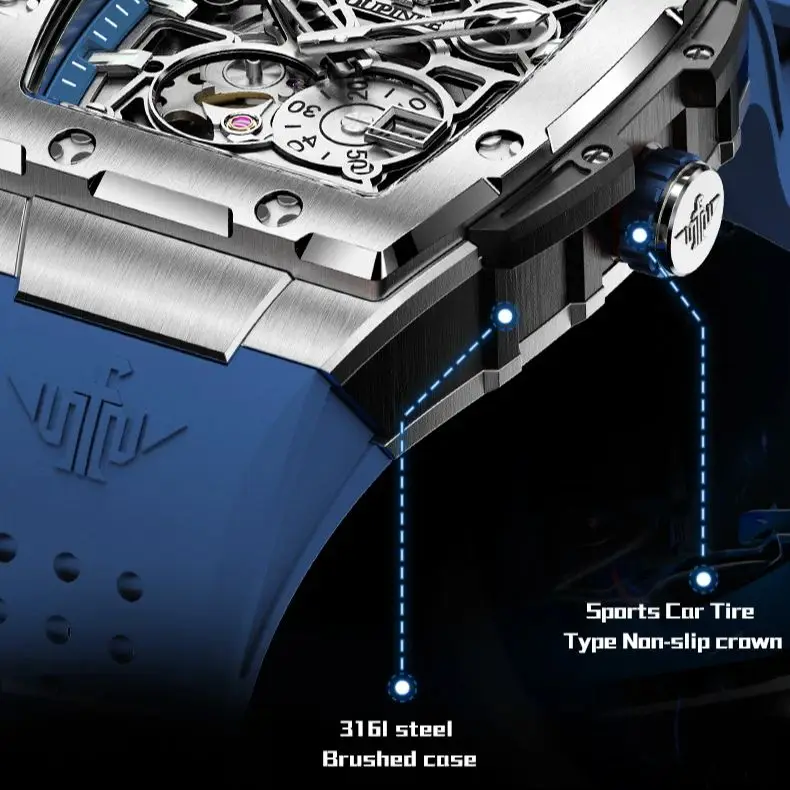 Original OUPINKE 3213 Men's Watches Tonneau Full Hollow out Automatic Men's Wristwatches Silicon Tape Man Watch TOP Brand Watch
