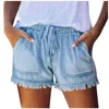 Jean Shorts for Women's Drawstring Elastic Waisted Casual Denim Shorts with Pocket Tassel Hem Soft Summer Trendy Jeans 2