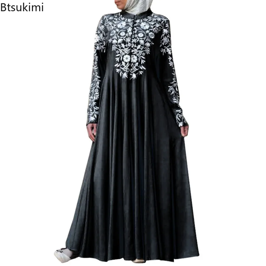 Eid Muslim Maxi Dress for Women Abaya Hijab Turkey Kaftan Ethnic Style Printed Stand Collar Robe Female Elegant Vintage Vestidos