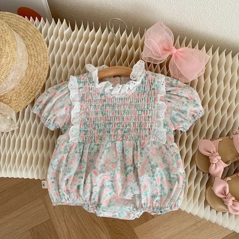 

Baby Girl Flower Romper INS Newborn Princess Kids Short Sleeve Lace Collar Cotton Bodysuit Birthday Party Outfit Sunsuit Clothes