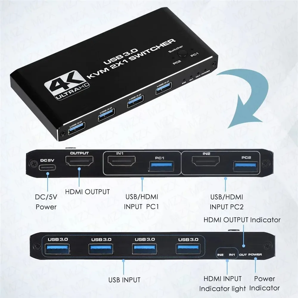 MZX KVM 스위치, HDMI 호환 USB 3.0 허브 도킹 스테이션, 도크 2 컴퓨터 PC 공유, 4 USB 장치, 키보드 마우스 프린터, 4K 60Hz