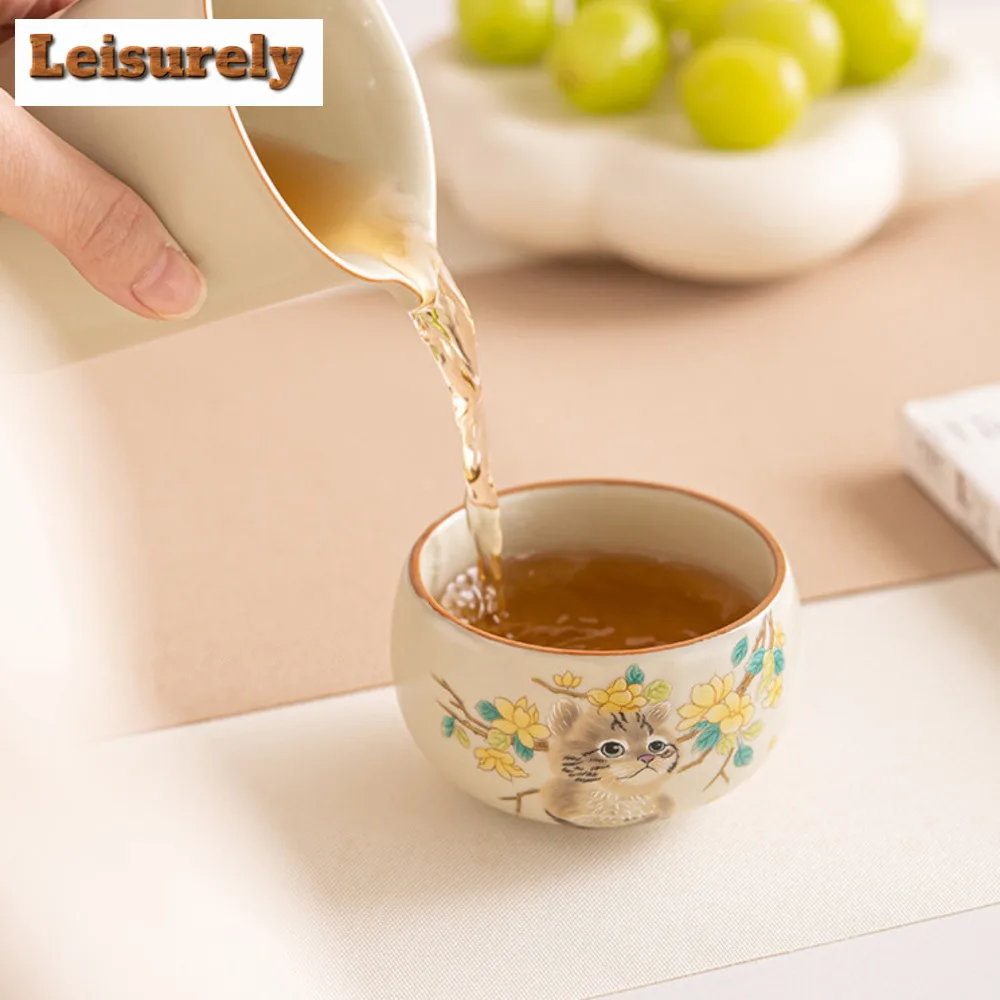 Imitation Song Cream Ru Kiln Teacup Cute Cat Water Jug Large Capacity Tea Bowl Opening Master Mug Meditation Cup Kung Fu Teaset