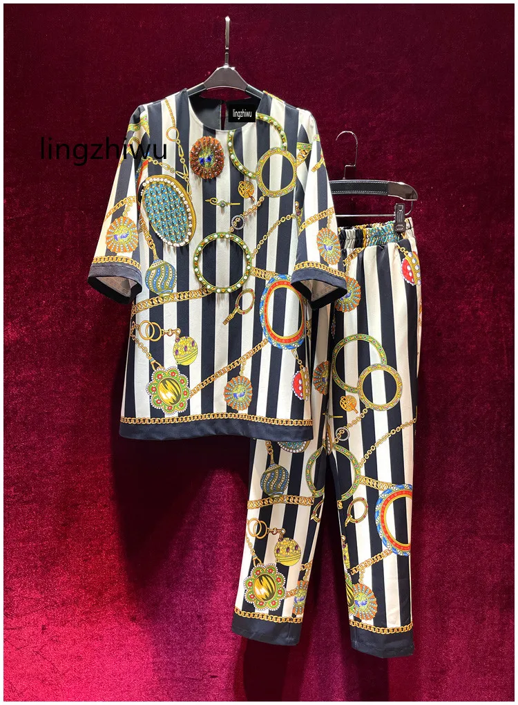 

lingzhiwu Print Pants Set Top Quality Vintage Handmade Beading Casual Fashion Top Pants Suit Female Two Piece Twinset New Arrive