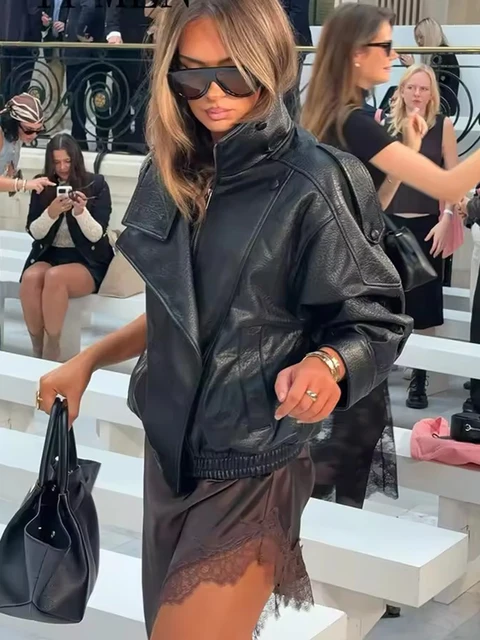 TFMLN – vestes Chic en Faux cuir noir pour femme, manteaux surdimensionnés élastiques à manches longues avec boutons, mode automne hiver 2025 2 TFMLN – vestes Chic en Faux cuir noir pour femme, manteaux surdimensionnés élastiques à manches longues avec boutons, mode automne hiver 2025 2