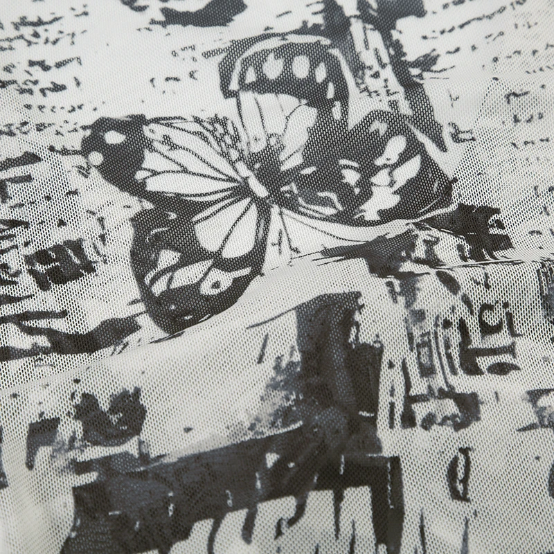 Grunge Mesh Butterfly Print Crop Top Fashion See Through Long Sleeve Hollow Out T-shirt Stylish Y2K Street Outfits