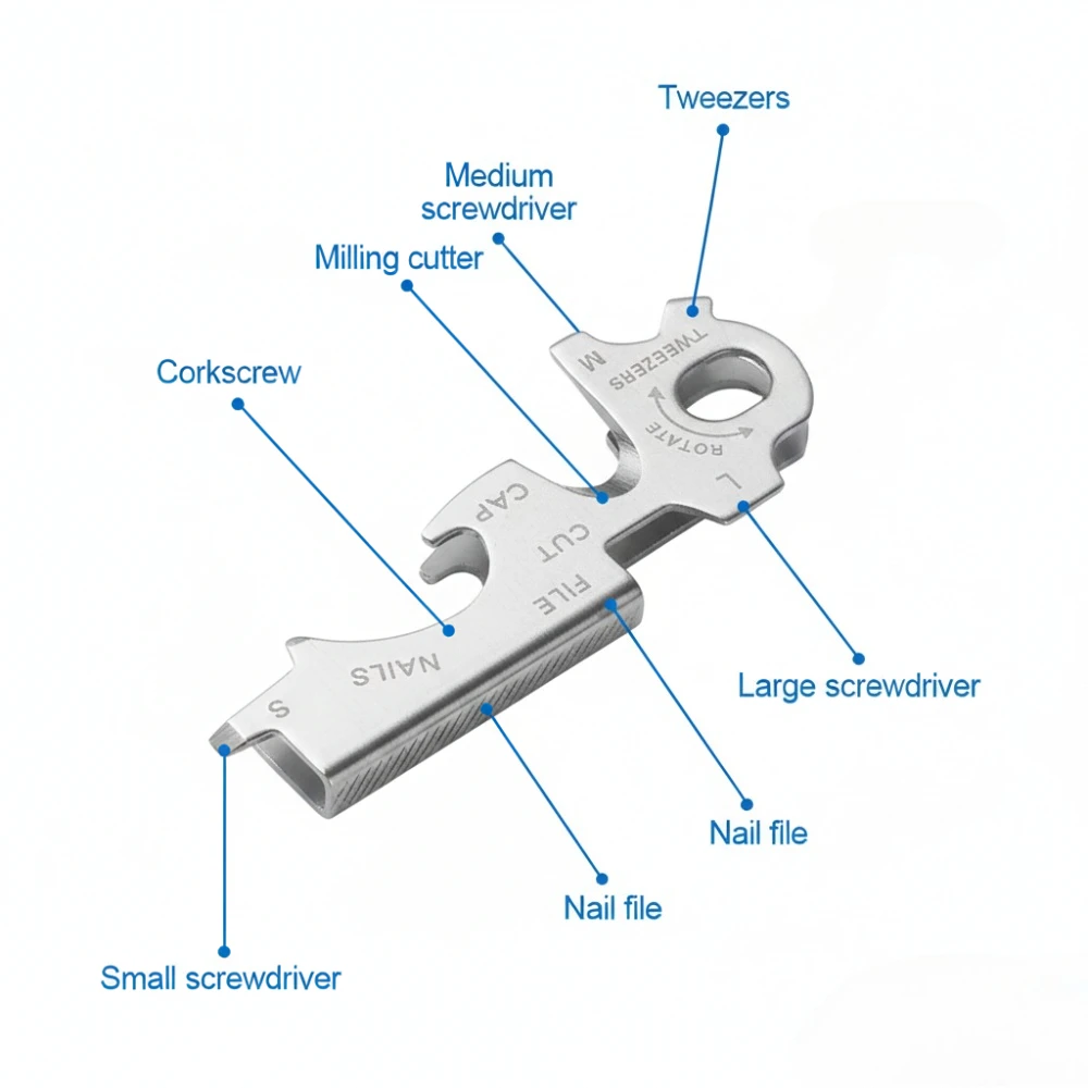 휴대용 8-in-1 스테인리스 스틸 키 클립 펜던트 EDC 병따개 드라이버 녹 방지 도구 야외 캠핑 생존 장비
