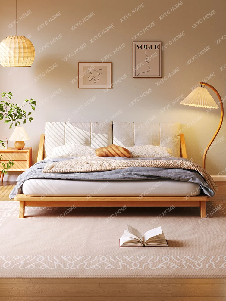 

Nordic Solid Wood Bed 1.8M Modern Minimalist Japanese Style Log Cream Style Tatami Double Bed Small Apartment Master Bedroom