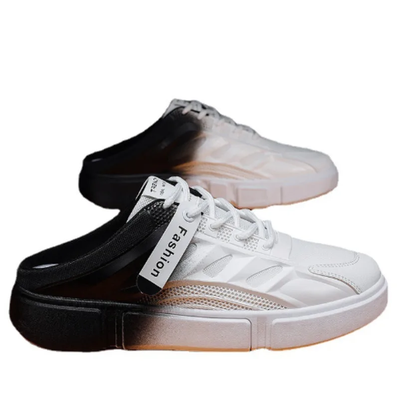 Mesh Breathable Beach Shoes For Men Men's Casual Sneakers Summer Canvas Flats Backless White Slip On Half Slippers Laofers