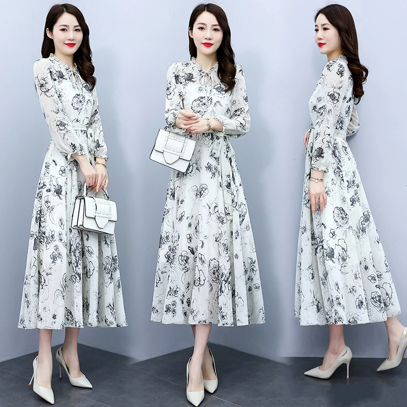 

Floral chiffon long-sleeved dress 2023 autumn new big swing long temperament fairy skirt to the ankle super fairy