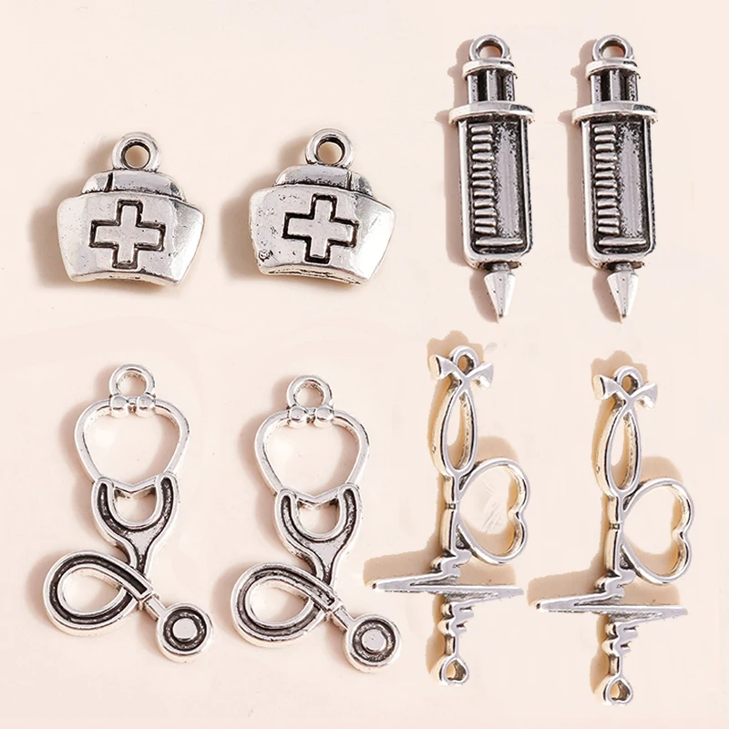 Leslie 20 Stück Legierung Medizinische Maschine Kit Charms Für Schmuck Machen DIY Handgemachte Krankenschwester Hut Spritze Stethoskop Anhänger