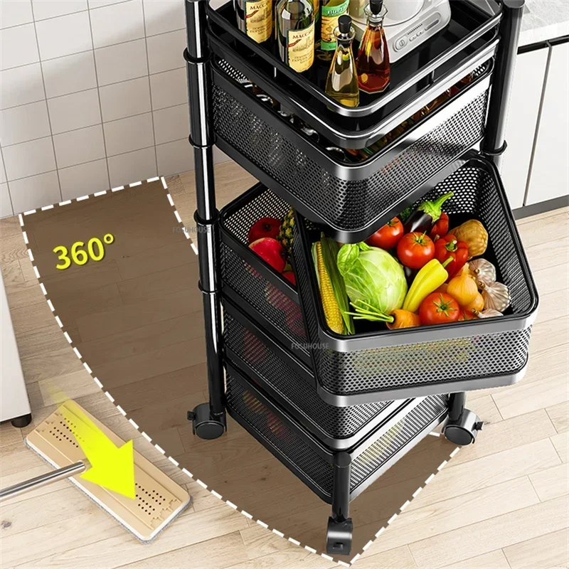 Modern Multi-functional Fruit Vegetable Organizer Cart With Wheels Kitchen Storage Basket Kitchen Cart Rotating Trolleys