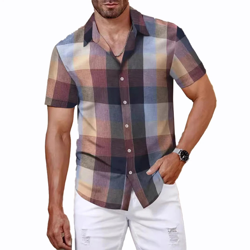 

Mens Plaid Short Sleeve Collared Shirt Beach Holiday Top Party T Dress Up Blouse
