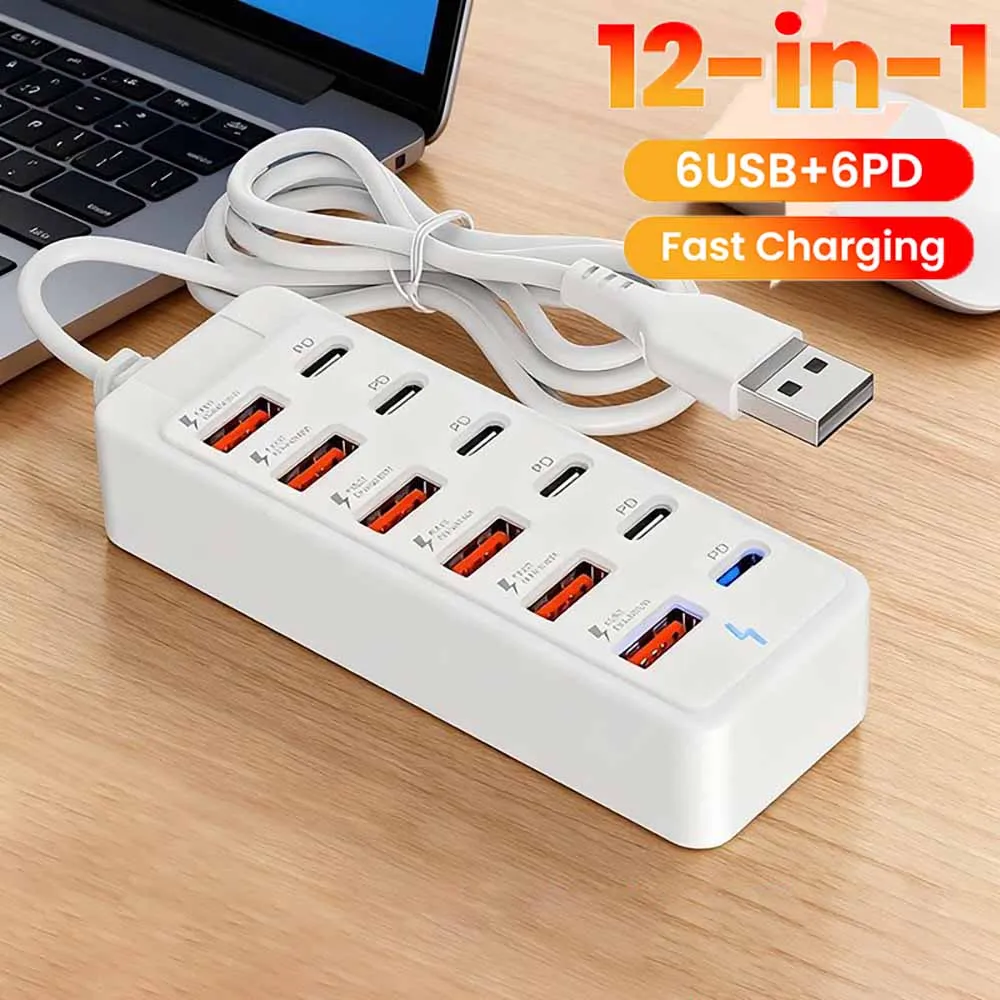 Multifunctional 12-in-1 USB-C Hub Power Strip with Fast Charging and High-Speed Data Transfer