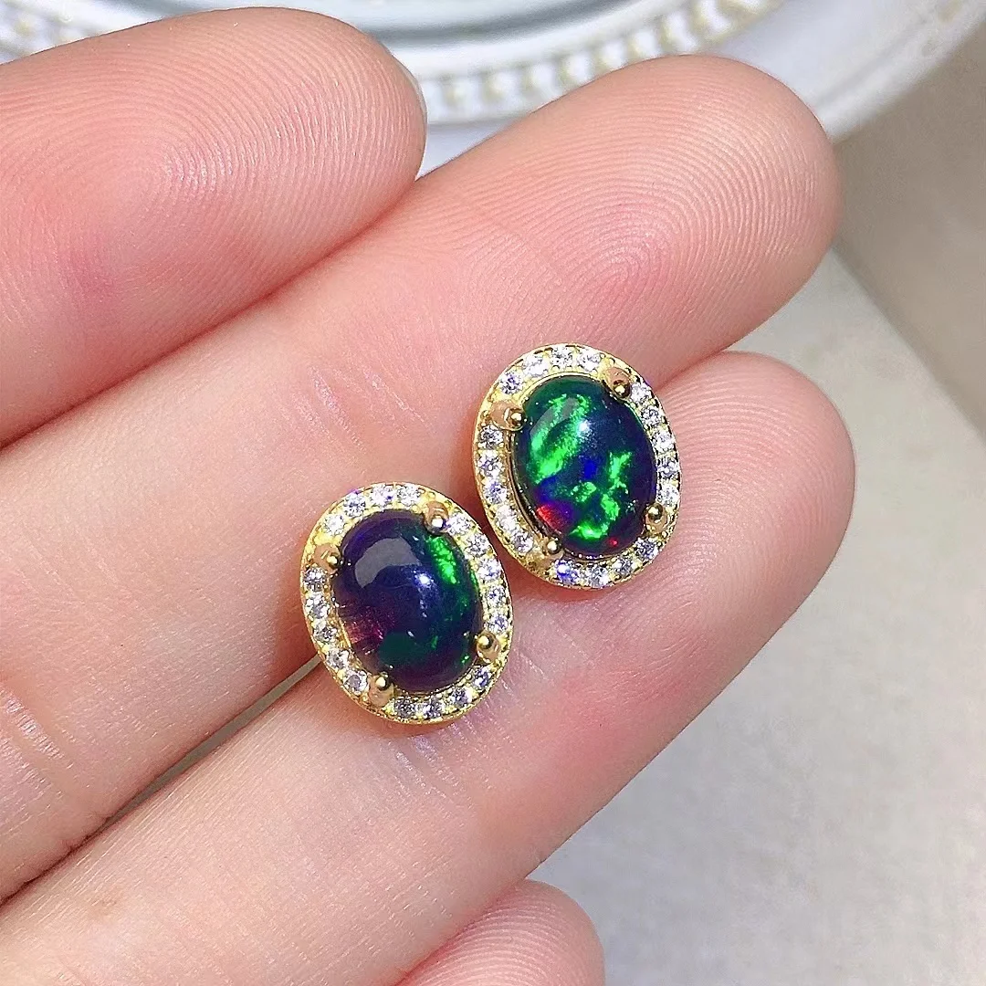 

Mysterious Black Opal Stud Earrings 6mm*8mm Natural Opal Silver Earrings 18K Gold Plating 925 Silver Gemstone Jewelry