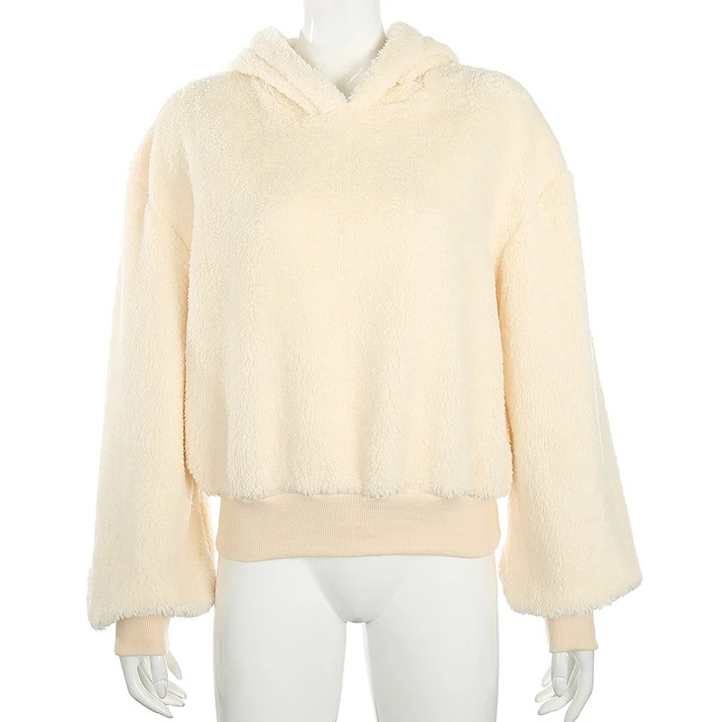 Casual Loose Raglan Long Sleeve Keep Warm Furry Hoodies Women 2023 New Fall Winter Harajuku Pullovers Sweatshirt Solid Top