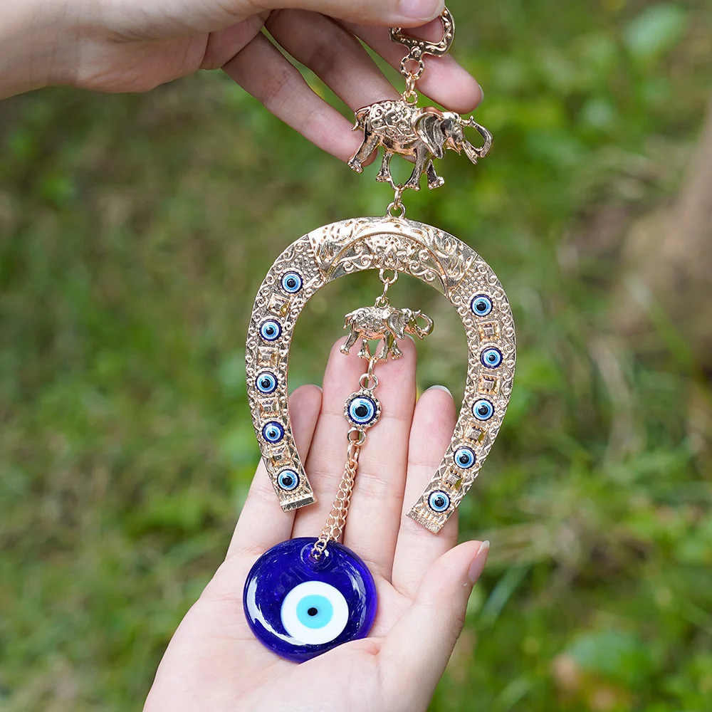 Turkish Blue Evil Eye Beads Charms Pendants Gold Colour Horseshoe&Elephant Hanging Ornament Car Amulet Lucky Gift Home Decor 6