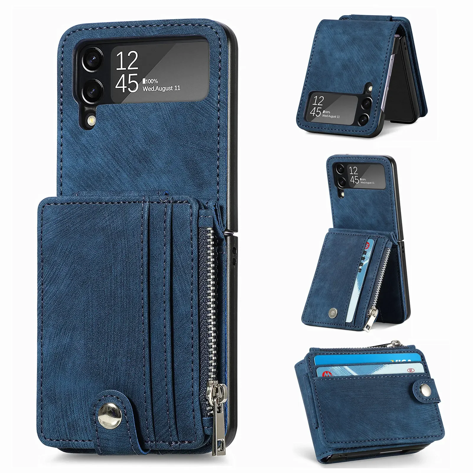 Versatile Retro Leather Zipper Wallet Folding Phone Case with Card Holder