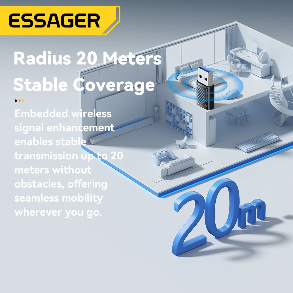 Essager USB Bluetooth 5.4 5.3 Dongle Adapter for PC Bluetooth Receiver & Transmitter for Bluetooth Keyboard/Mouse Drive free 20M