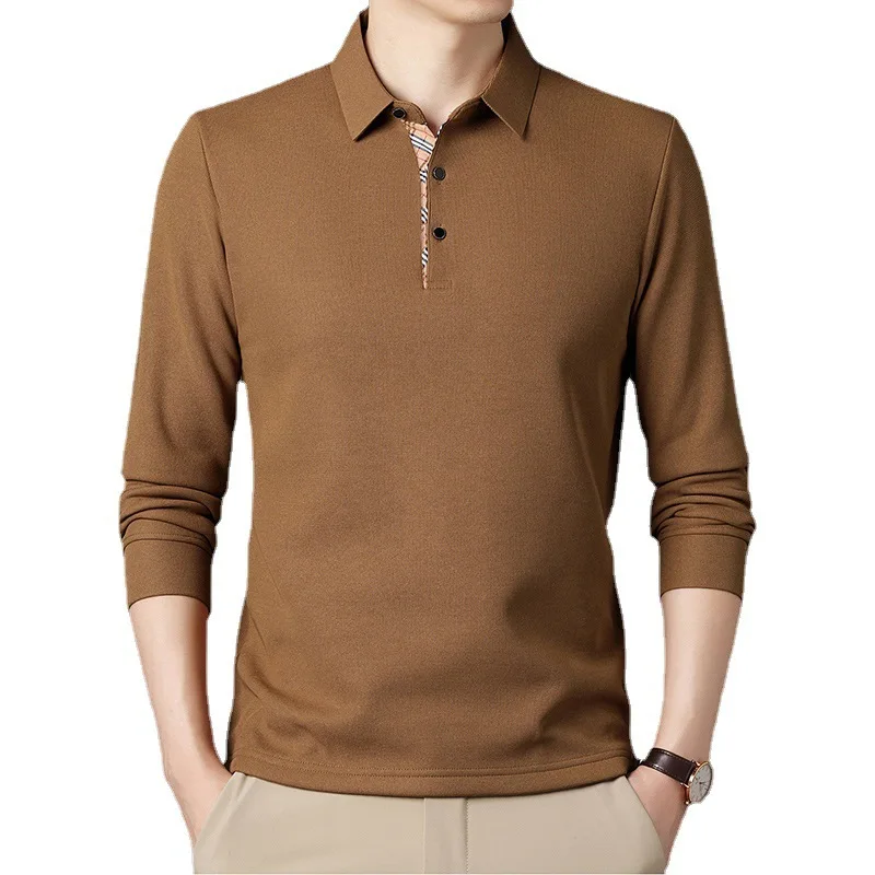 

2024 Autumn And Winter New Plush Long Sleeved Polo Shirt Men's Thickened Warm Simple Comfort Slim Fit Bottom Shirts B163