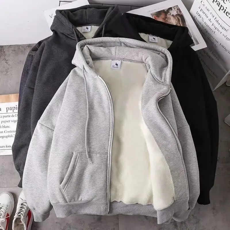 Men Zip-Up Hoodies Thick Fleece Hooded Sweatshirt Harajuku Thermal Shirt Pullover Casual Sweater Jacket Man Clothing Streetwear