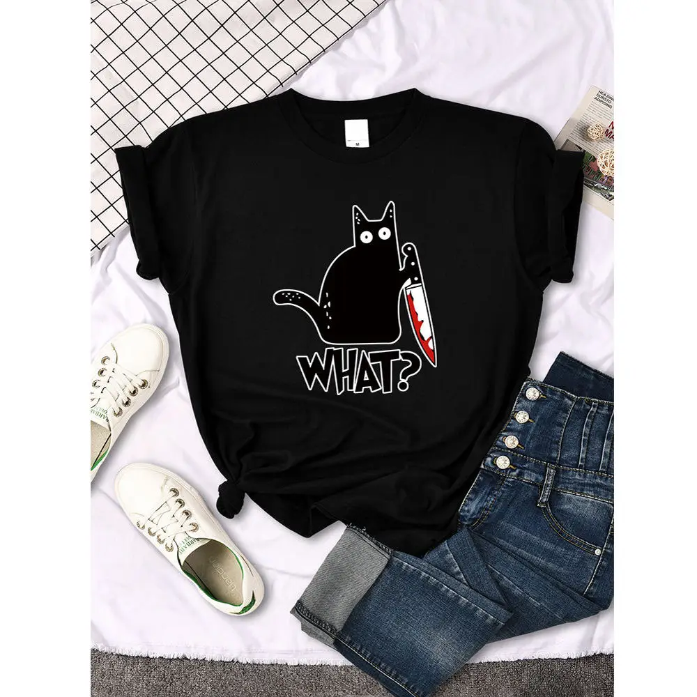 

Women's T-Shirts Little Black Cat And Knife Woman T-Shirt Hip Hop Harajuku T Shirts For Female Short Sleeve Fashion Tee Shirts