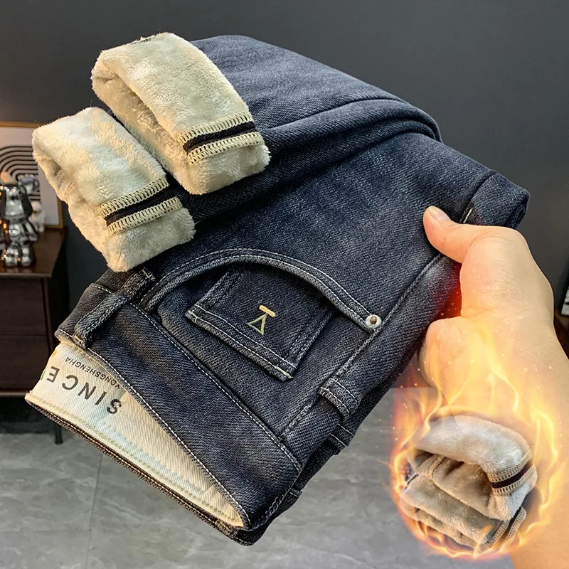 Cashmere Fleece-lined Thick Jeans Men's Winter Warm and Trendy Micro Baggy Straight Trousers Fashion Men's Trousers 2