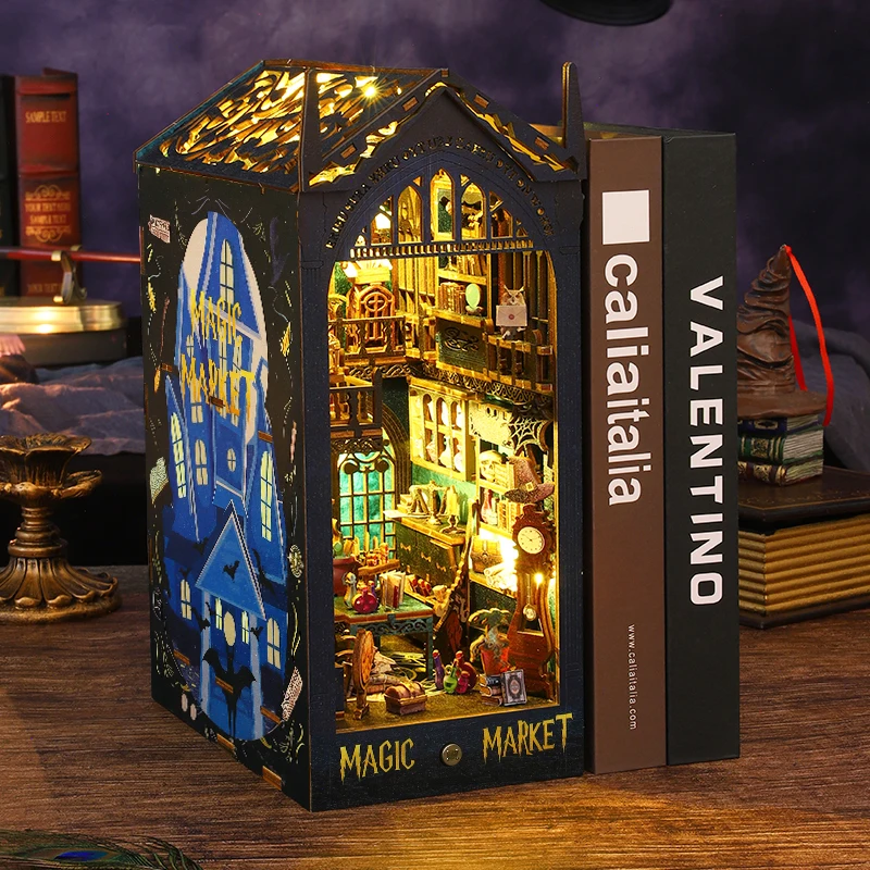 NEW DIY Wooden Book Nook Magic Market Doll House Kit with Light 3D Puzzle Bookshelf Assembly Bookend for Adults Birthday Gifts 2