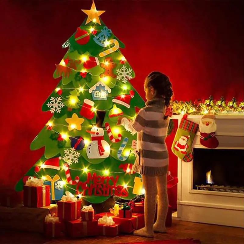 

DIY фетровая Рождественская елка, настенная подвесная елка, осветительная цепочка для детей, рождественские подарки, Счастливого Рождества, Декор, товары для дома