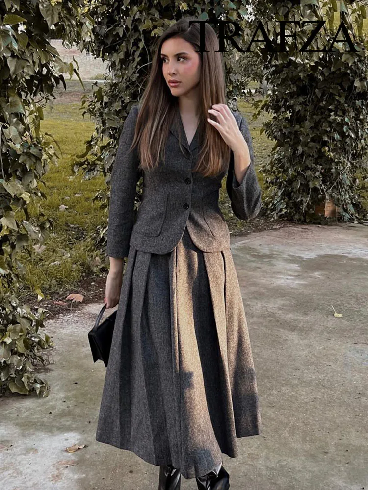TRAFZA 2023 Autumn Women Fashion Sets Solid V Neck Tight Blazer + A Line Loose Comfortable Minimalism Style Female Long Skirt 2
