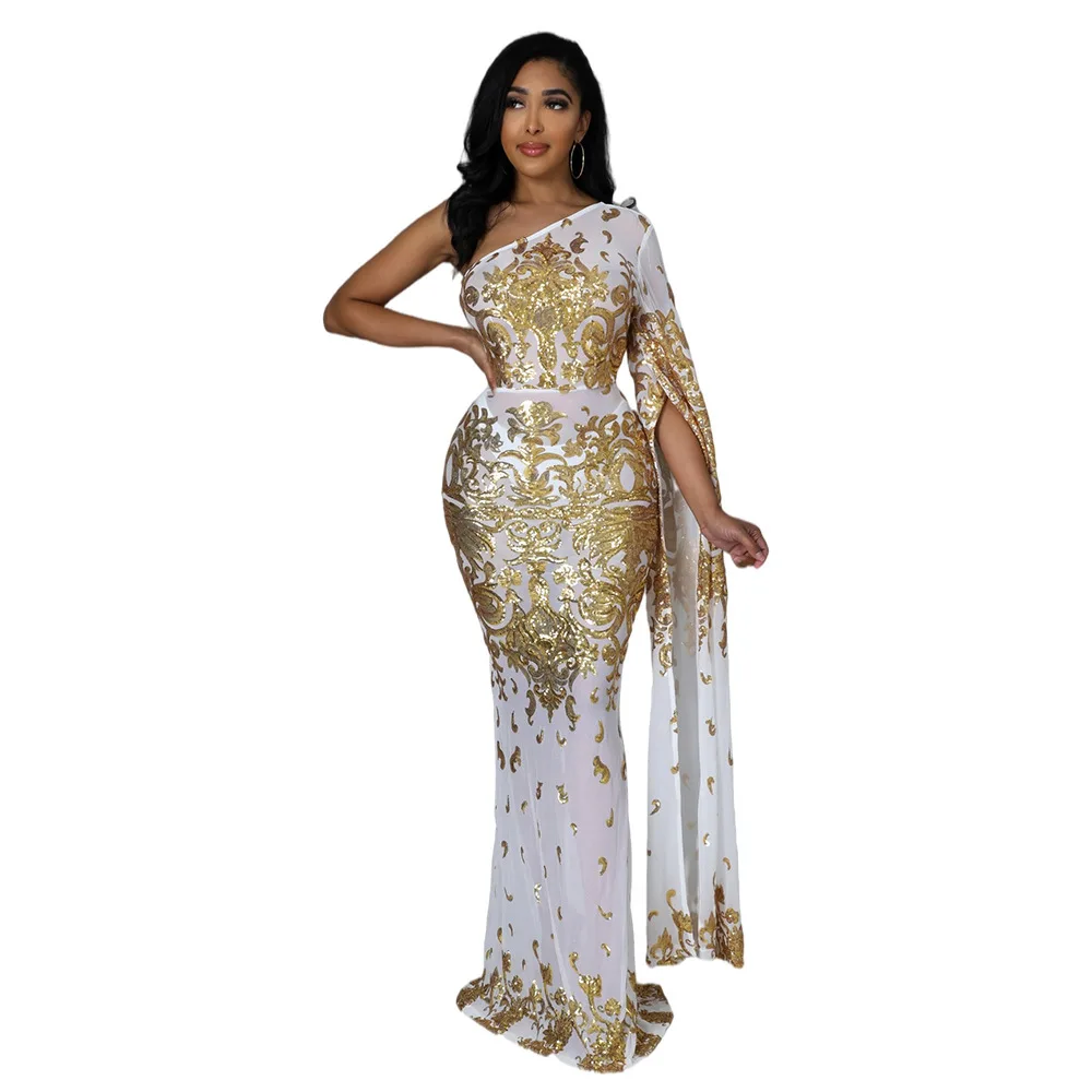 

Sparkly Sequin Evening Sexy Dresses Women Long Sleeve One Shoulder Sheer Mesh Maxi Bodycon Dress Wedding Night Club Party Dress