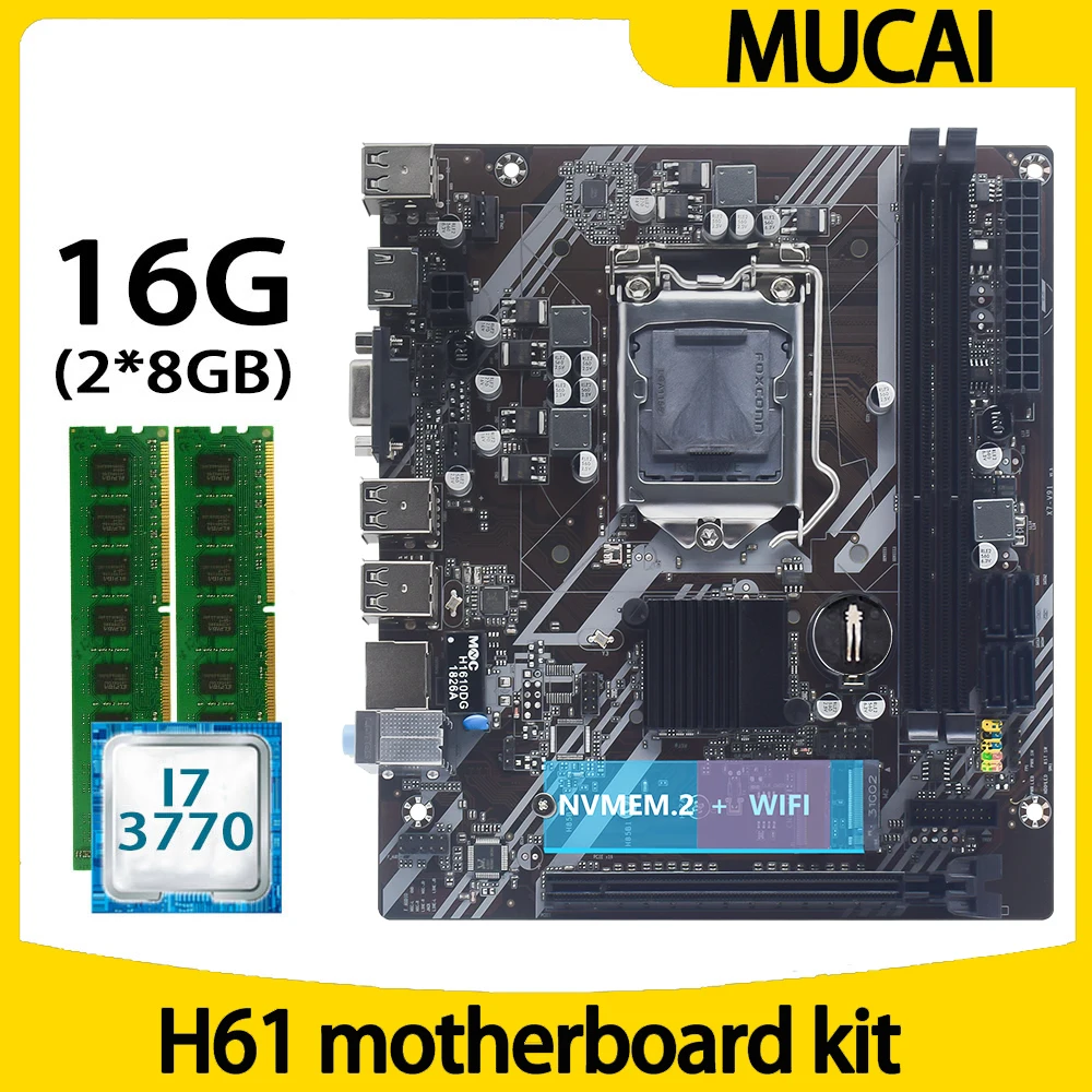 

Материнская плата MUCAI H61 LGA 1155 комплект с процессором Intel Core i7 3770 и памятью DDR3 16 Гб (2*8 ГБ) 1600 МГц