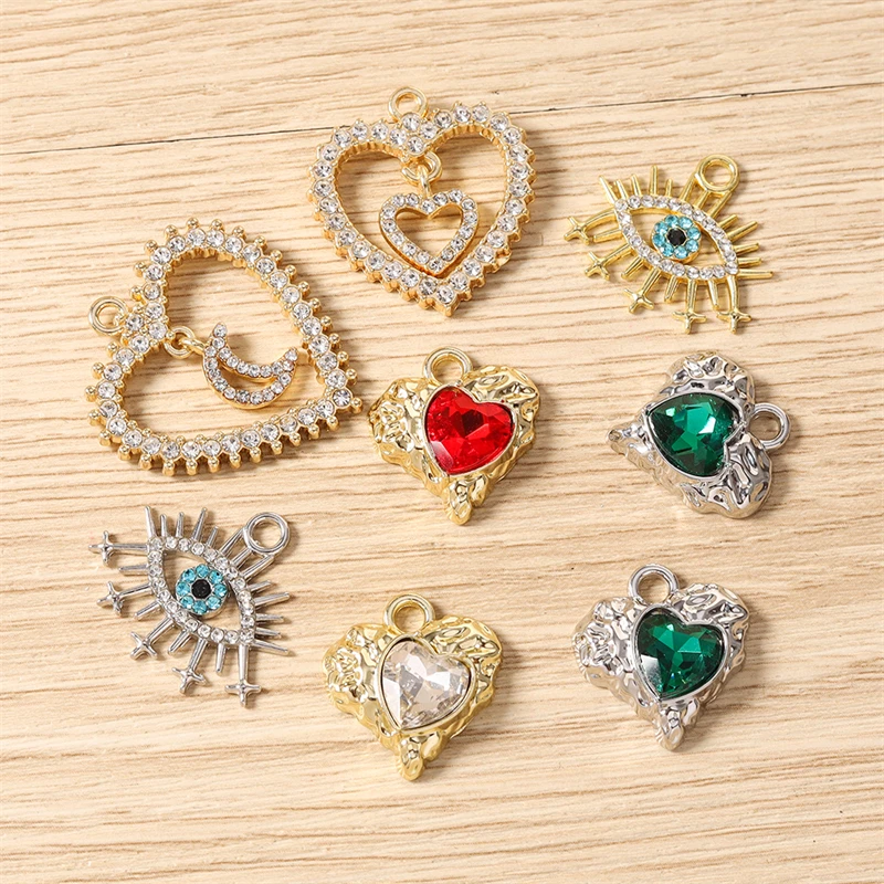 4 Stück zarte Kristall-Metall-Anhänger mit Liebesherz und Augenmotiv für die Schmuckherstellung, Halsketten, Ohrringe, Armbänder, DIY-Bastelzubehör