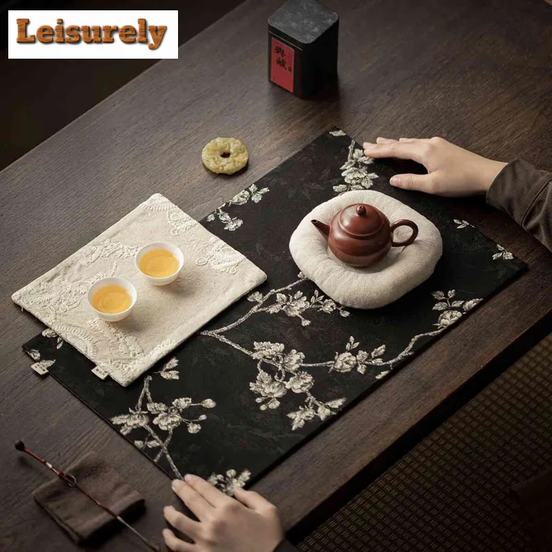 3pc/set Plum Blossom Embroidery Brocade Tea Table Mats Vintage Drink Coaster Dinner Table Cloth Mat Tea Items Supplies Craft