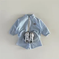 TZ2624 – ensemble veste et short à col montant à carreaux pour enfants, vêtements de Protection solaire à fermeture éclair fine, tenue deux pièces tendance, été 3