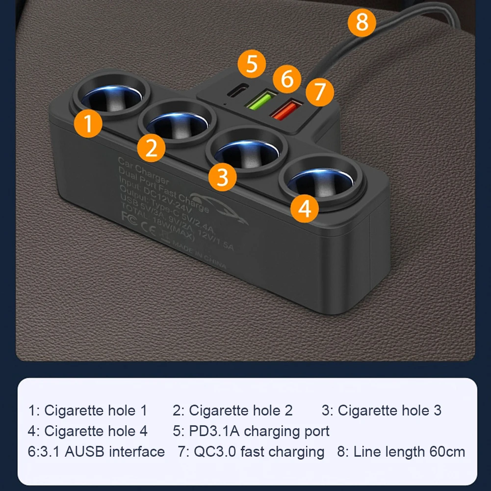 Car Cigarette Lighter Splitter QC3.0+PD 3.1A 3 USB Ports Fast Charger Plug 4-Socket Phone Power Adapter Phone Charger Adapter