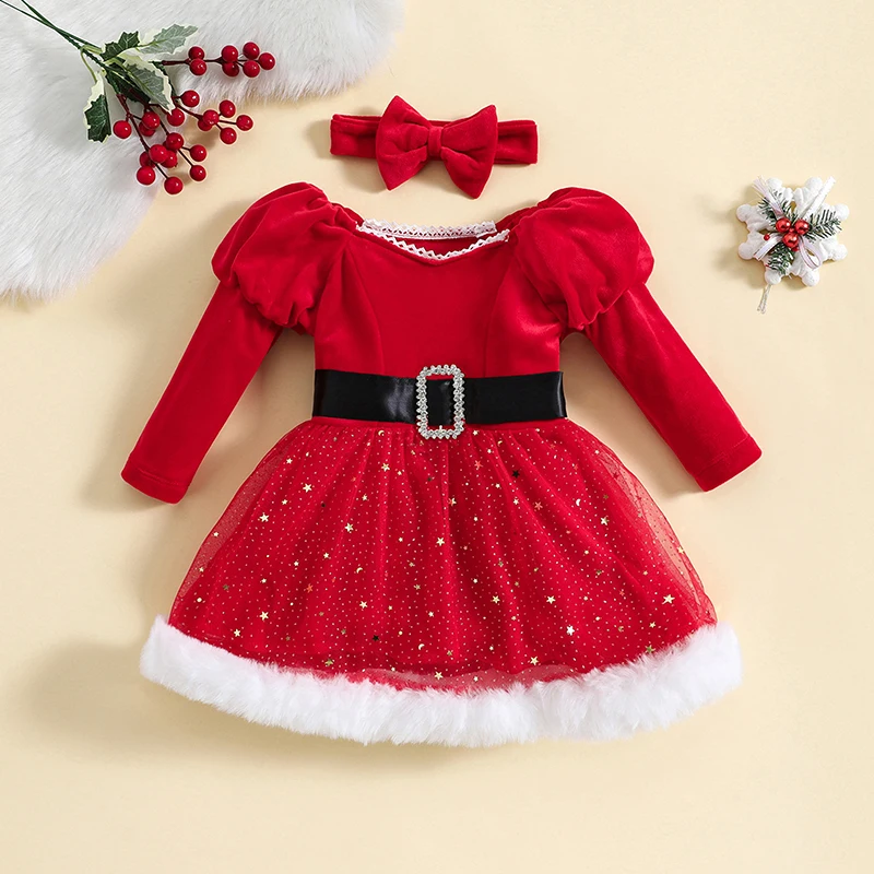 Christmas Red Long Sleeve Dress for Baby Girls
