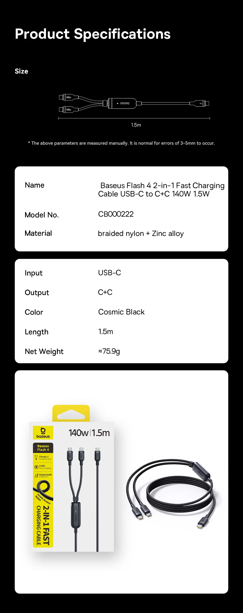 Baseus 140W Fast Cable 2-in-1 USB-C to Dual Type-C
