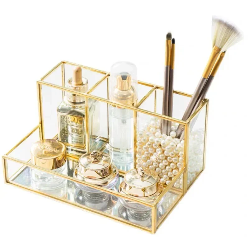 Luxury Makeup Brush Blush Brush Storage Bucket Glass Metal Ornaments Home Decoration Desktop Table Makeup Storage Tube Organizer 5